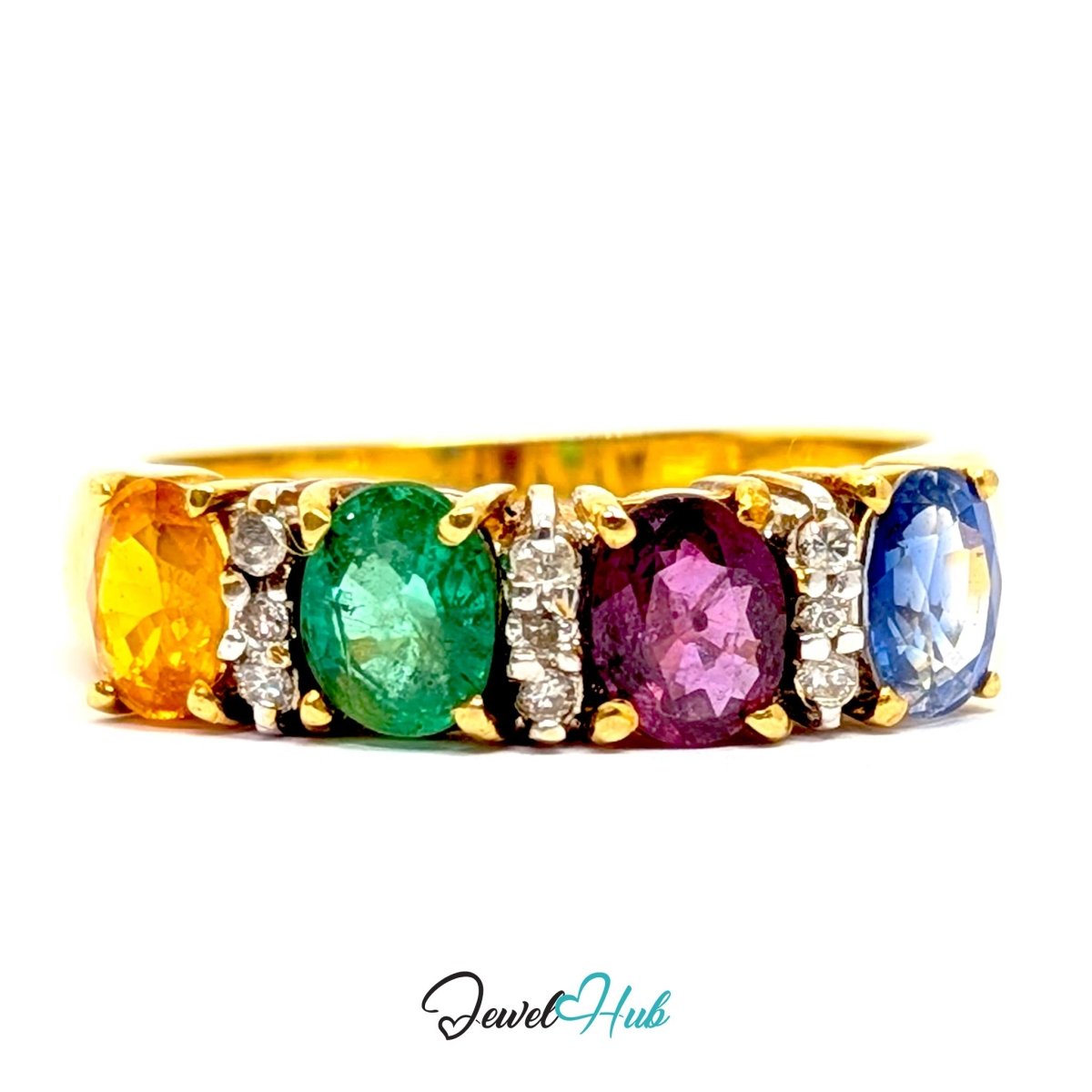 A 18k yellow gold ring featuring five oval-cut colorful gemstones in yellow, green, pink, and blue, separated by small diamond accents, shown on a white background with a 'JewelHub' watermark.