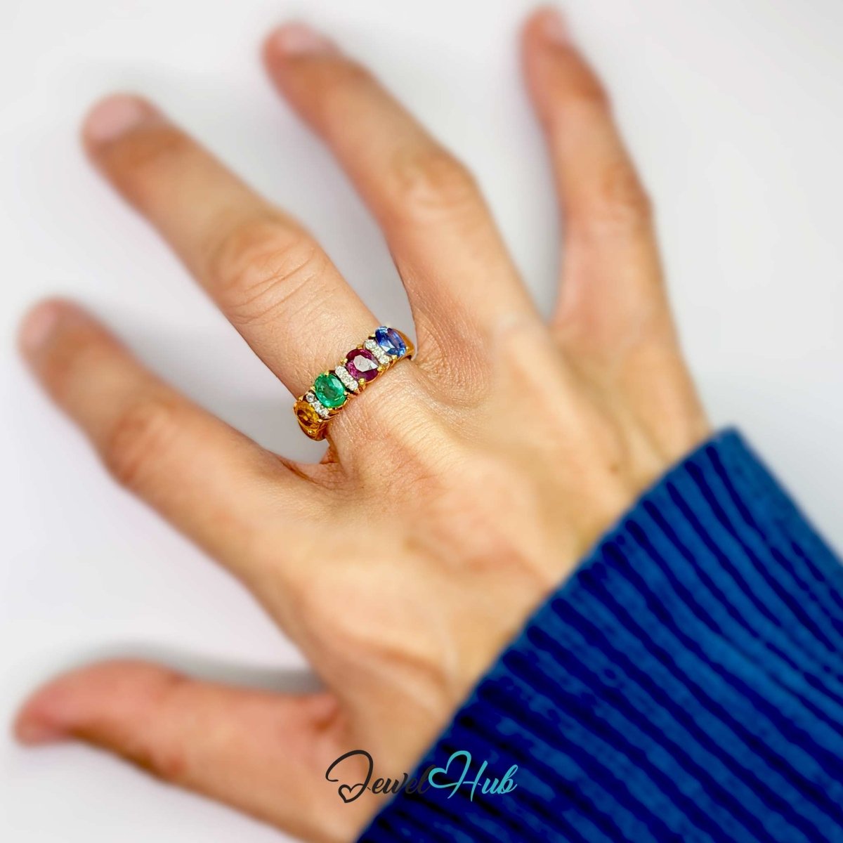 18K Gold Sapphire Ruby Emerald Citrine Ring, UK Size P
