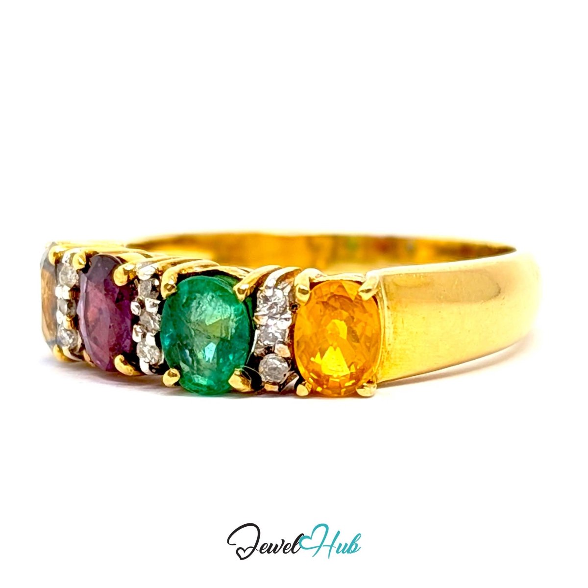A 18k yellow gold ring featuring four oval-cut gemstones in purple, green, and orange, accented with small clear stones, shown on a white background with a JewelryHub watermark.