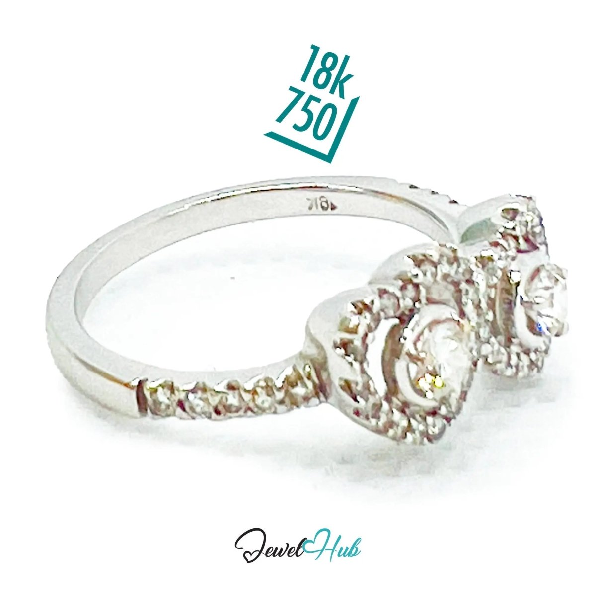 18k White Gold Diamond Ring – Hallmarked (750) | UK M US 6.5 | Double Heart Pavé Design - JewelHub.co.uk