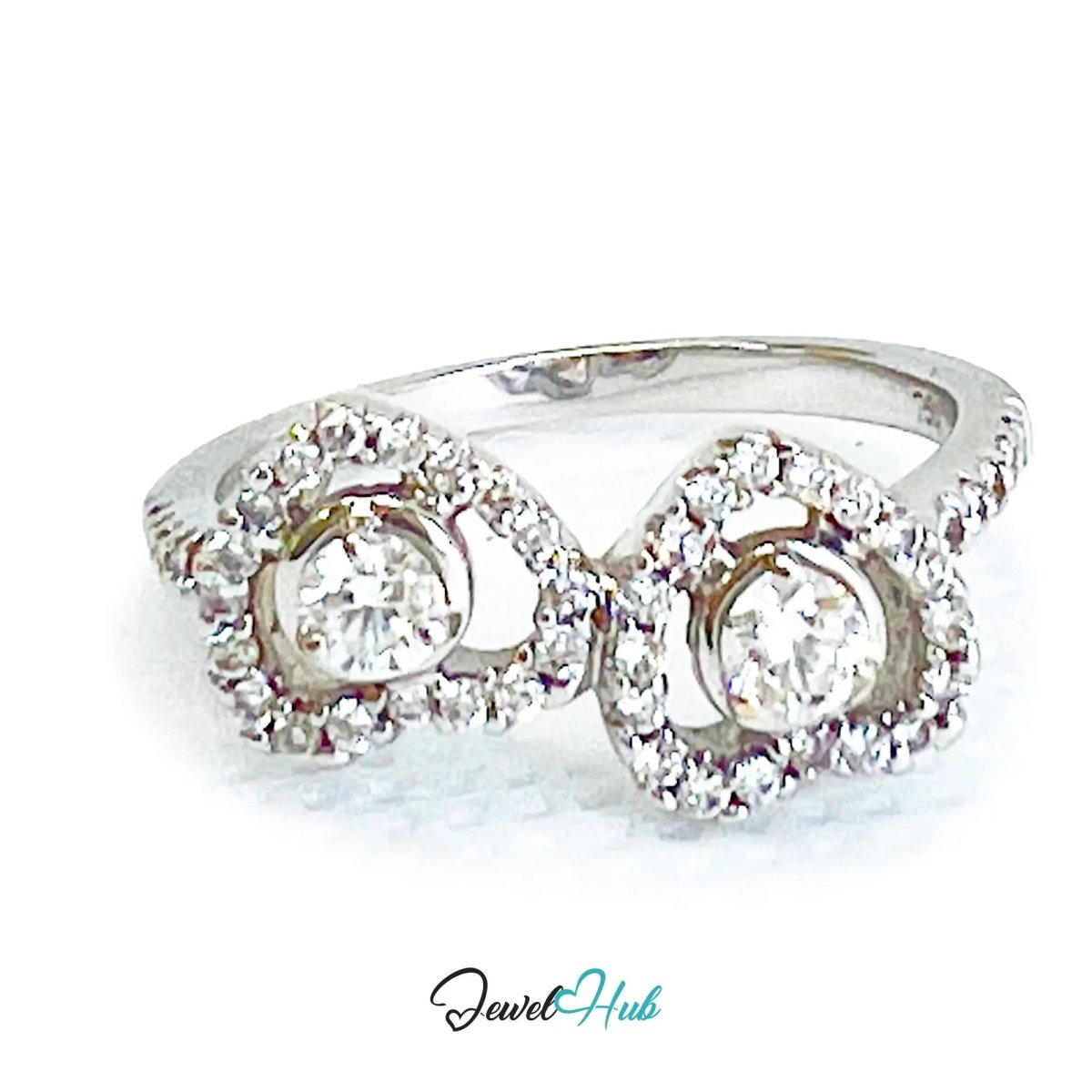 18k White Gold Diamond Ring – Hallmarked (750) | UK M US 6.5 | Double Heart Pavé Design - JewelHub.co.uk