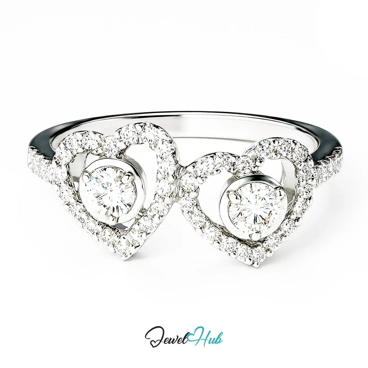18k White Gold Diamond Ring – Hallmarked (750) | UK M US 6.5 | Double Heart Pavé Design - JewelHub.co.uk