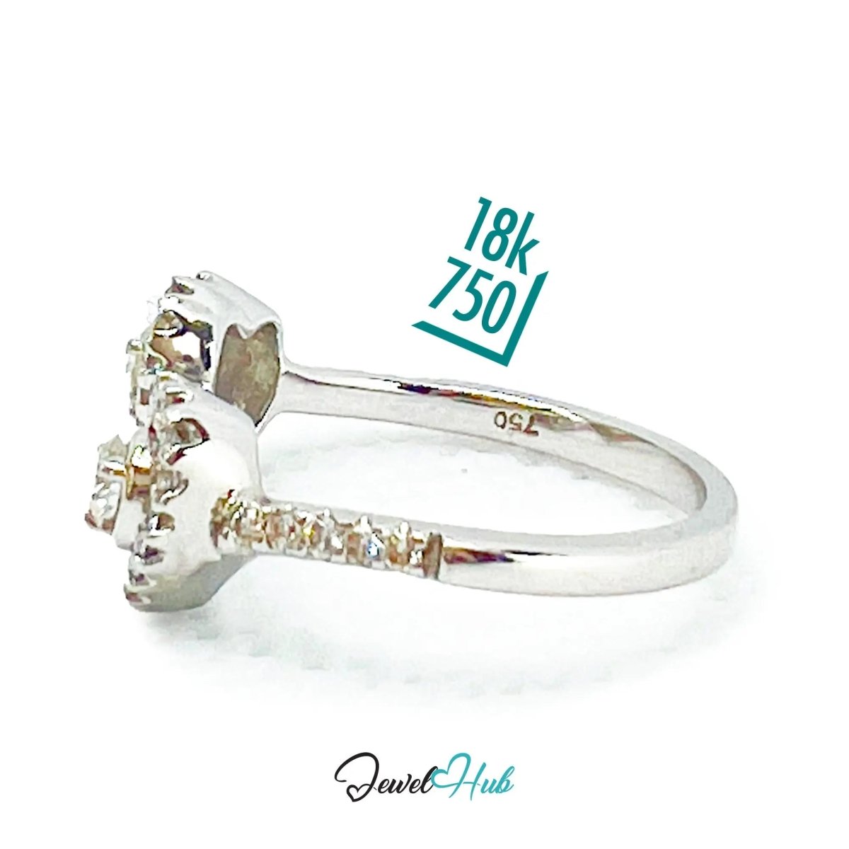 18k White Gold Diamond Ring – Hallmarked (750) | UK M US 6.5 | Double Heart Pavé Design - JewelHub.co.uk