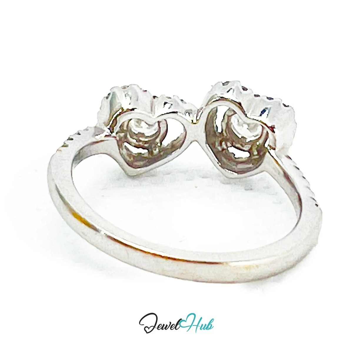 18k White Gold Diamond Ring – Hallmarked (750) | UK M US 6.5 | Double Heart Pavé Design - JewelHub.co.uk