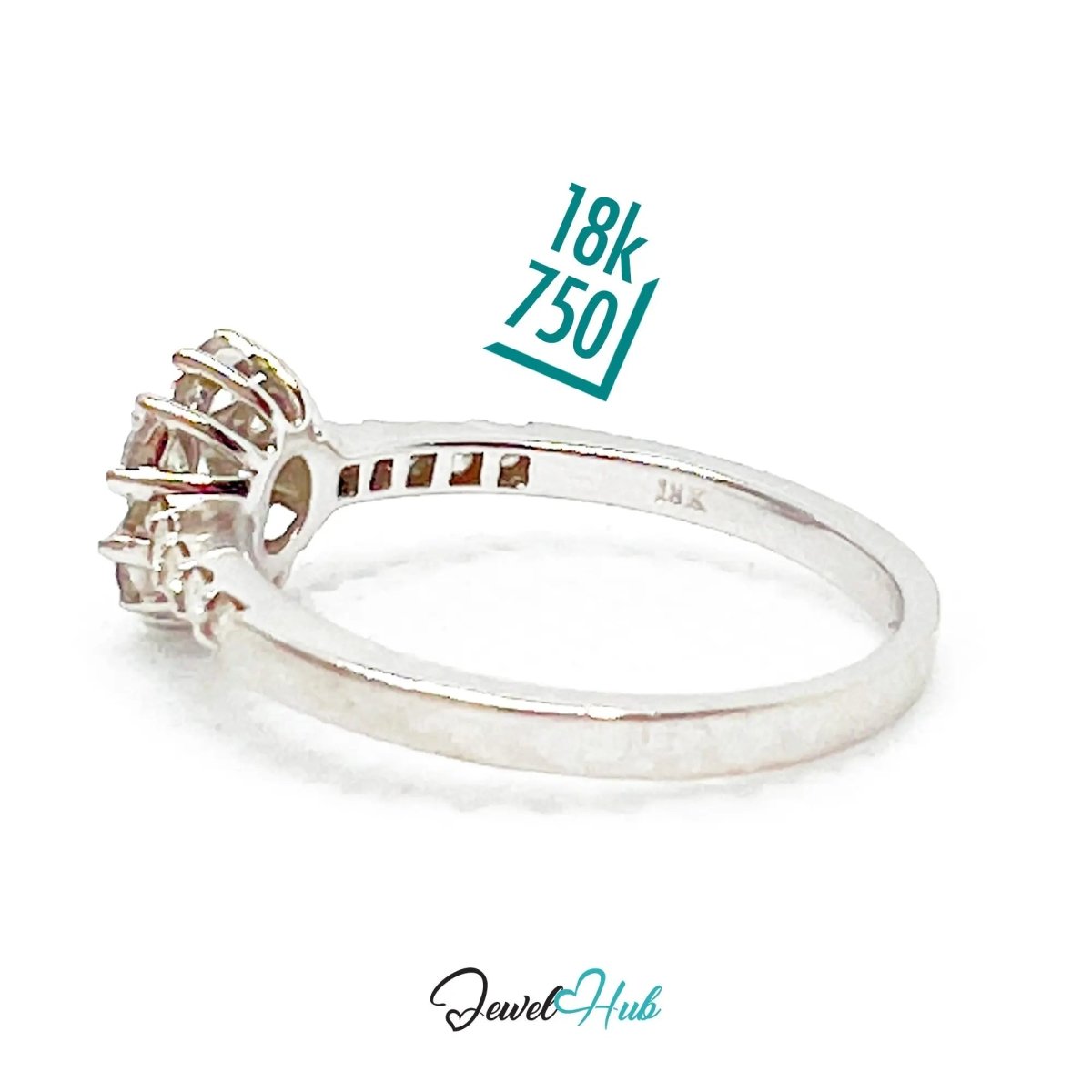 18k White Gold Diamond Ring – Hallmarked (750) | UK O US 7.5 | Floral Cluster Design - JewelHub.co.uk