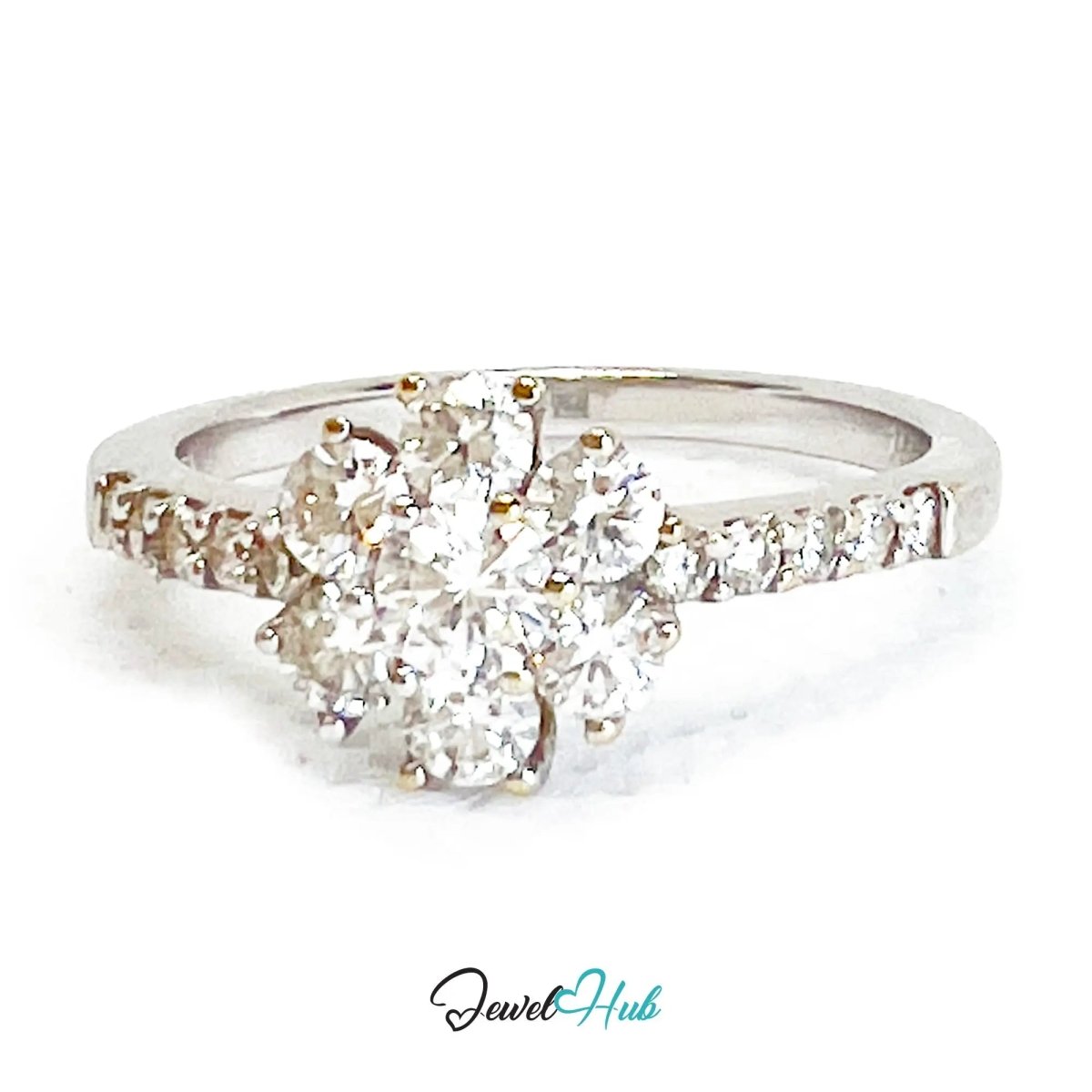 18k White Gold Diamond Ring – Hallmarked (750) | UK O US 7.5 | Floral Cluster Design - JewelHub.co.uk