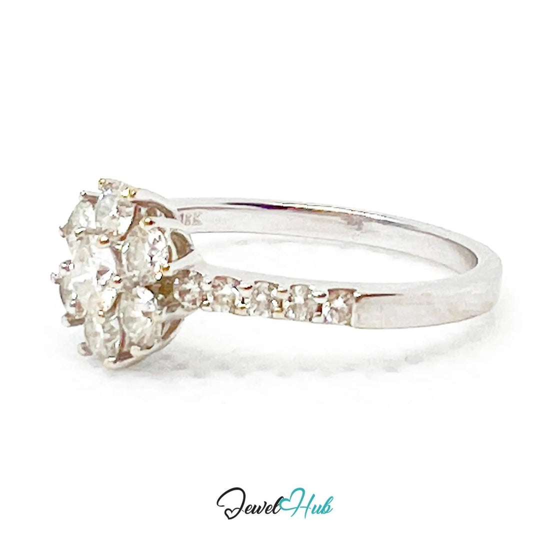 18k White Gold Diamond Ring – Hallmarked (750) | UK O US 7.5 | Floral Cluster Design - JewelHub.co.uk