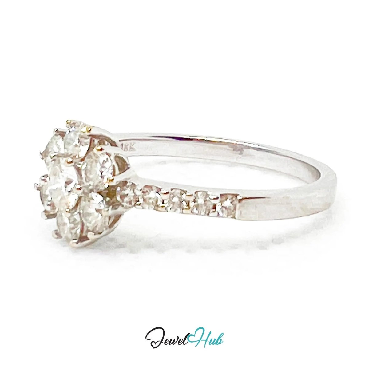 18k White Gold Diamond Ring – Hallmarked (750) | UK O US 7.5 | Floral Cluster Design - JewelHub.co.uk