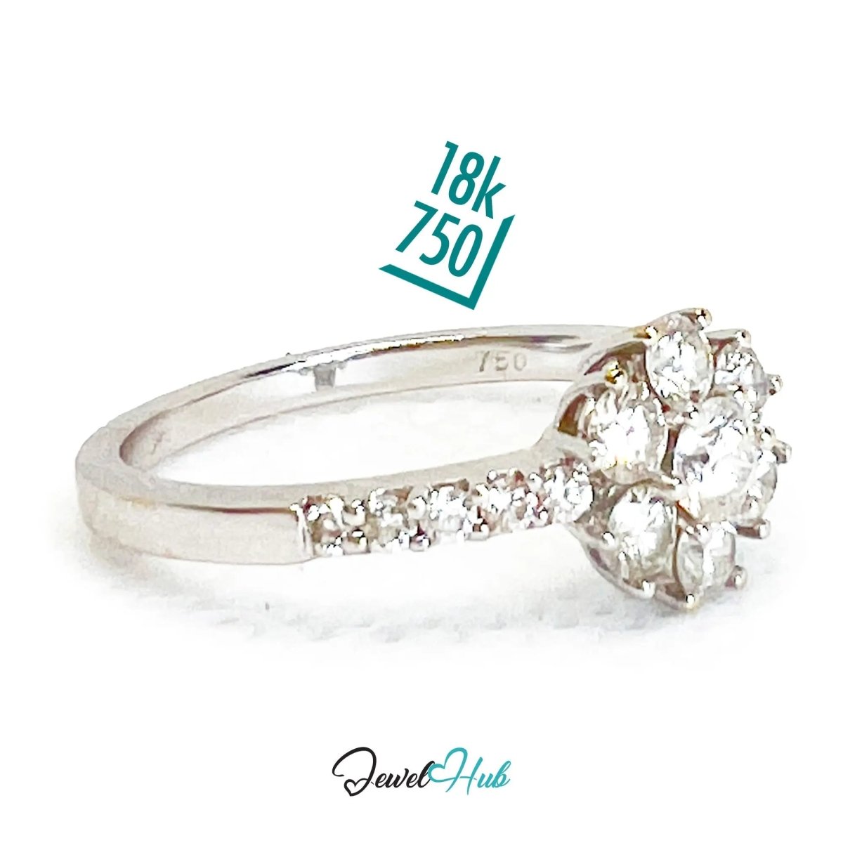 18k White Gold Diamond Ring – Hallmarked (750) | UK O US 7.5 | Floral Cluster Design - JewelHub.co.uk