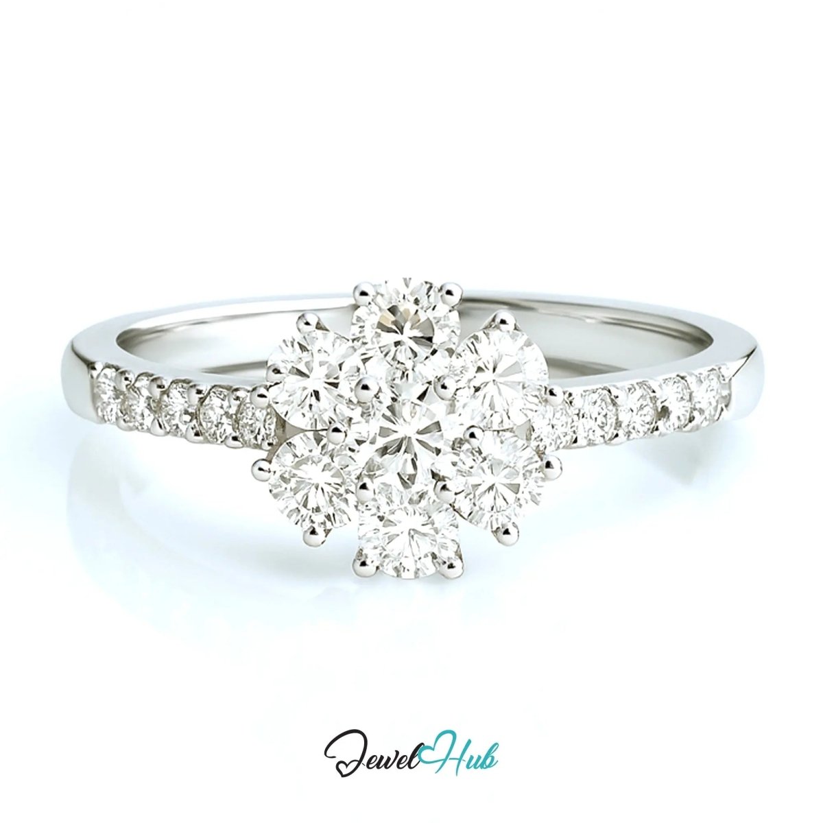18k White Gold Diamond Ring – Hallmarked (750) | UK O US 7.5 | Floral Cluster Design - JewelHub.co.uk