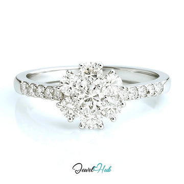 18k White Gold Diamond Ring – Hallmarked (750) | UK O US 7.5 | Floral Cluster Design - JewelHub.co.uk