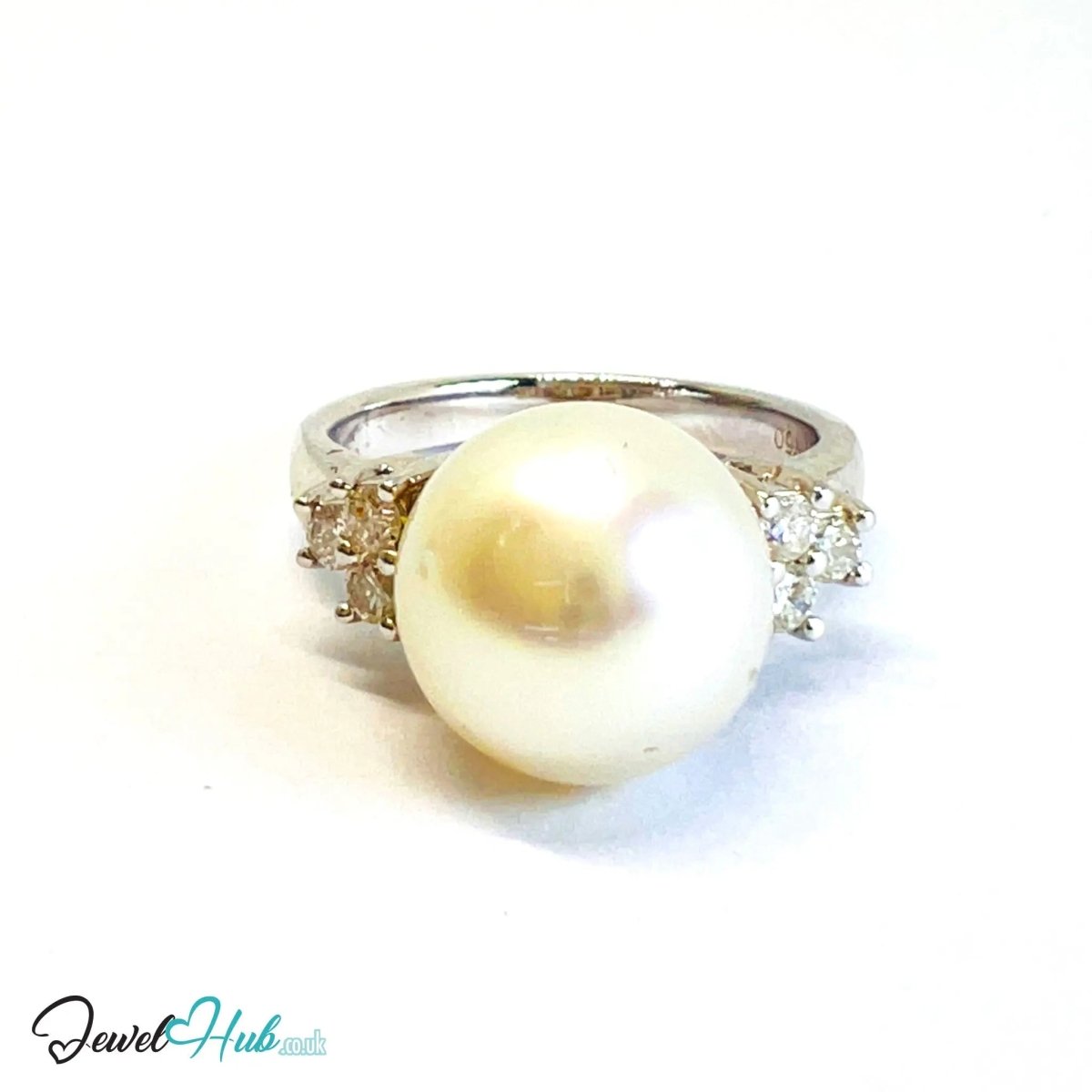 18K White Gold Pearl Ring · 10.7mm Pearl · Diamond Cluster · UK N - JewelHub.co.uk