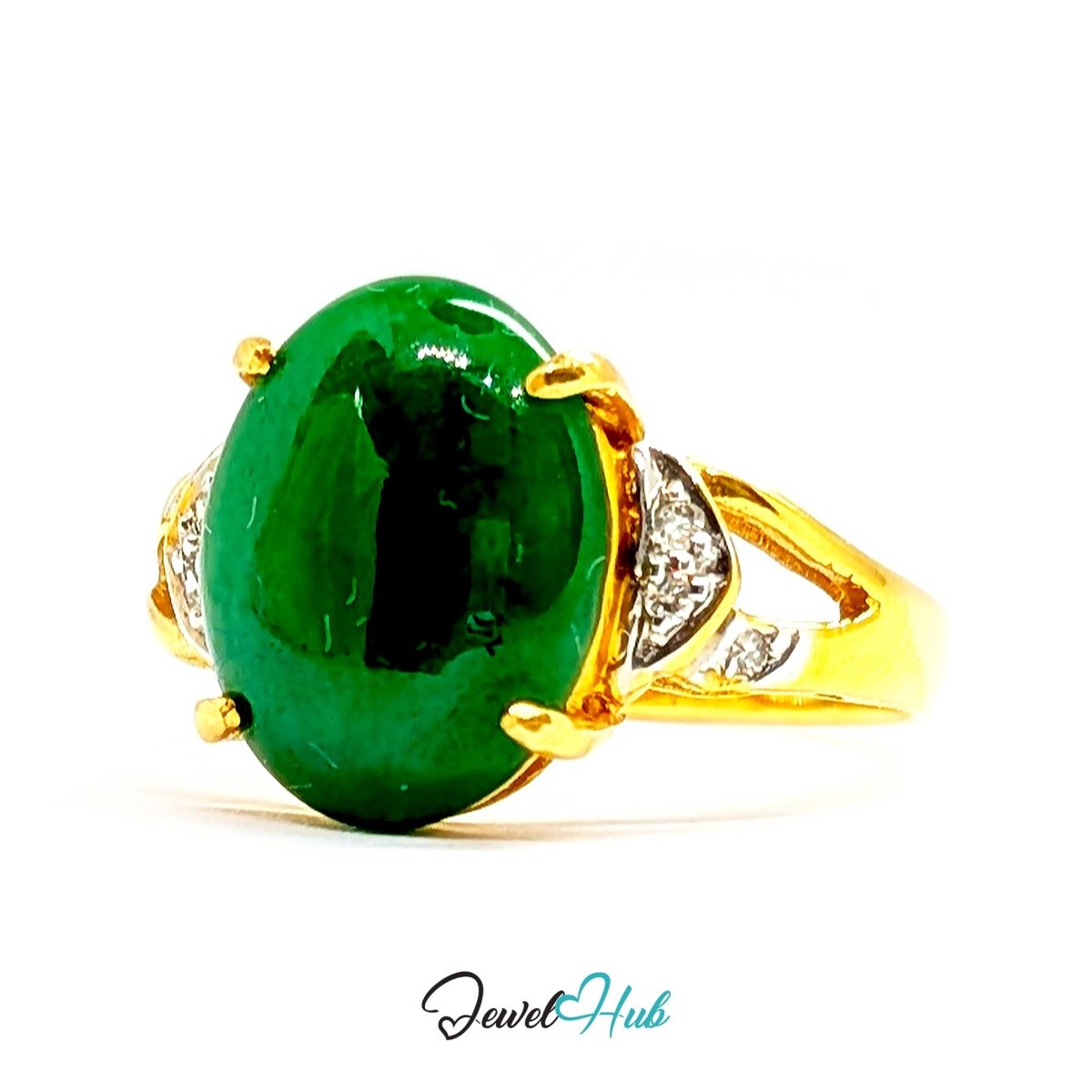 18K Yellow Gold Green Jade & Natural Diamond Ring | 0.07ct Est - JewelHub.co.uk