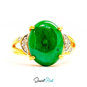 18K Yellow Gold Green Jade & Natural Diamond Ring | 0.07ct Est - JewelHub.co.uk