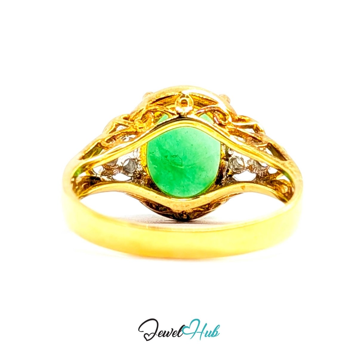 18K Yellow Gold Green Jade & Natural Diamond Ring | 0.09ct Est - JewelHub.co.uk