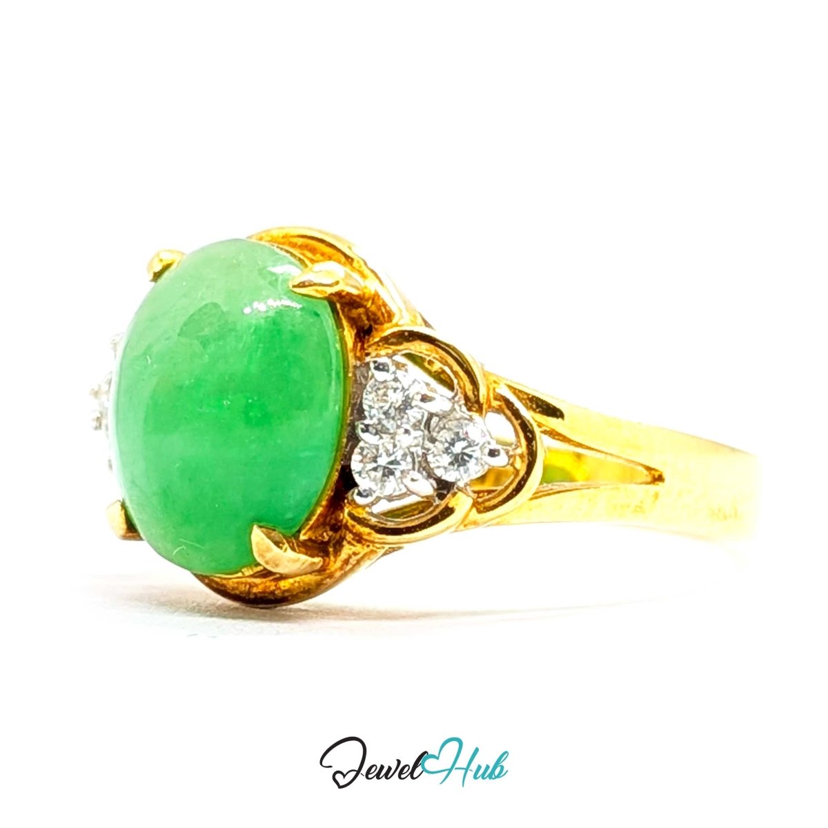 18K Yellow Gold Green Jade & Natural Diamond Ring | 0.09ct Est - JewelHub.co.uk