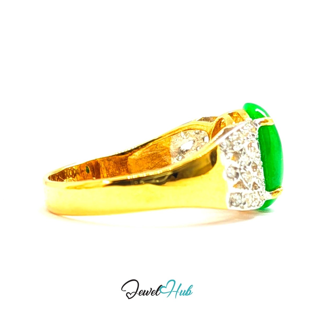 18K Yellow Gold Green Jade & Natural Diamond Ring | 1.75ct Est - JewelHub.co.uk