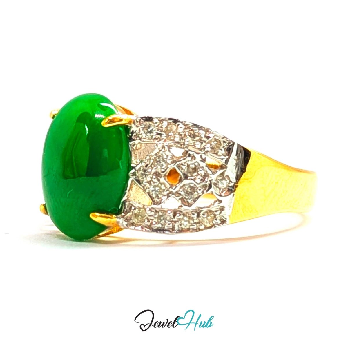 18K Yellow Gold Green Jade & Natural Diamond Ring | 1.75ct Est - JewelHub.co.uk