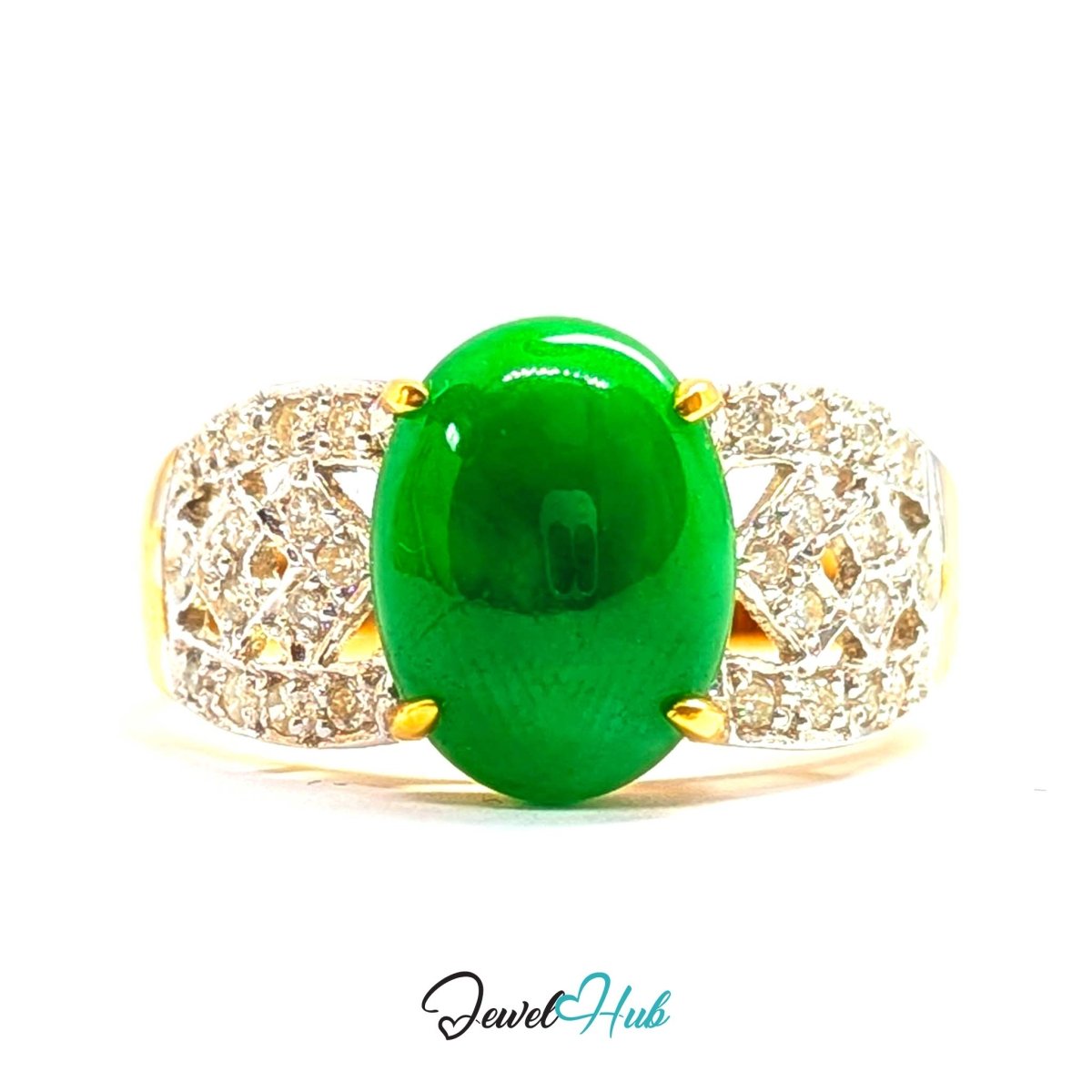 18K Yellow Gold Green Jade & Natural Diamond Ring | 1.75ct Est - JewelHub.co.uk