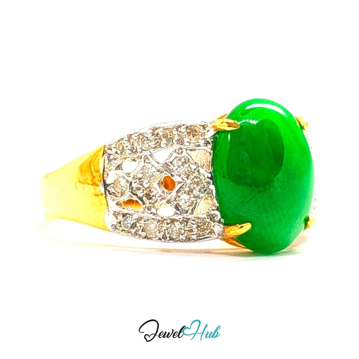 18K Yellow Gold Green Jade & Natural Diamond Ring | 1.75ct Est - JewelHub.co.uk