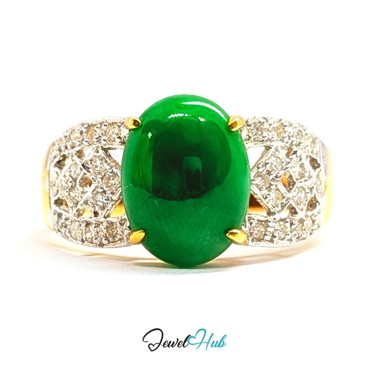 18K Yellow Gold Green Jade & Natural Diamond Ring | 1.75ct Est - JewelHub.co.uk