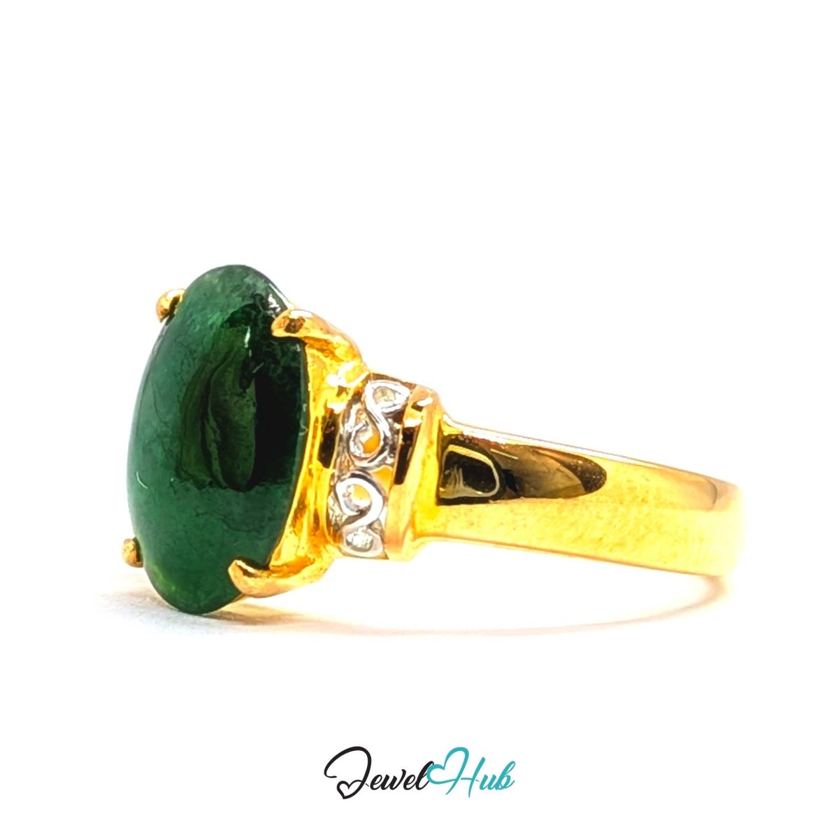 18K Yellow Gold Green Jade Ring | Natural Jade Solitaire Cabochon - JewelHub.co.uk