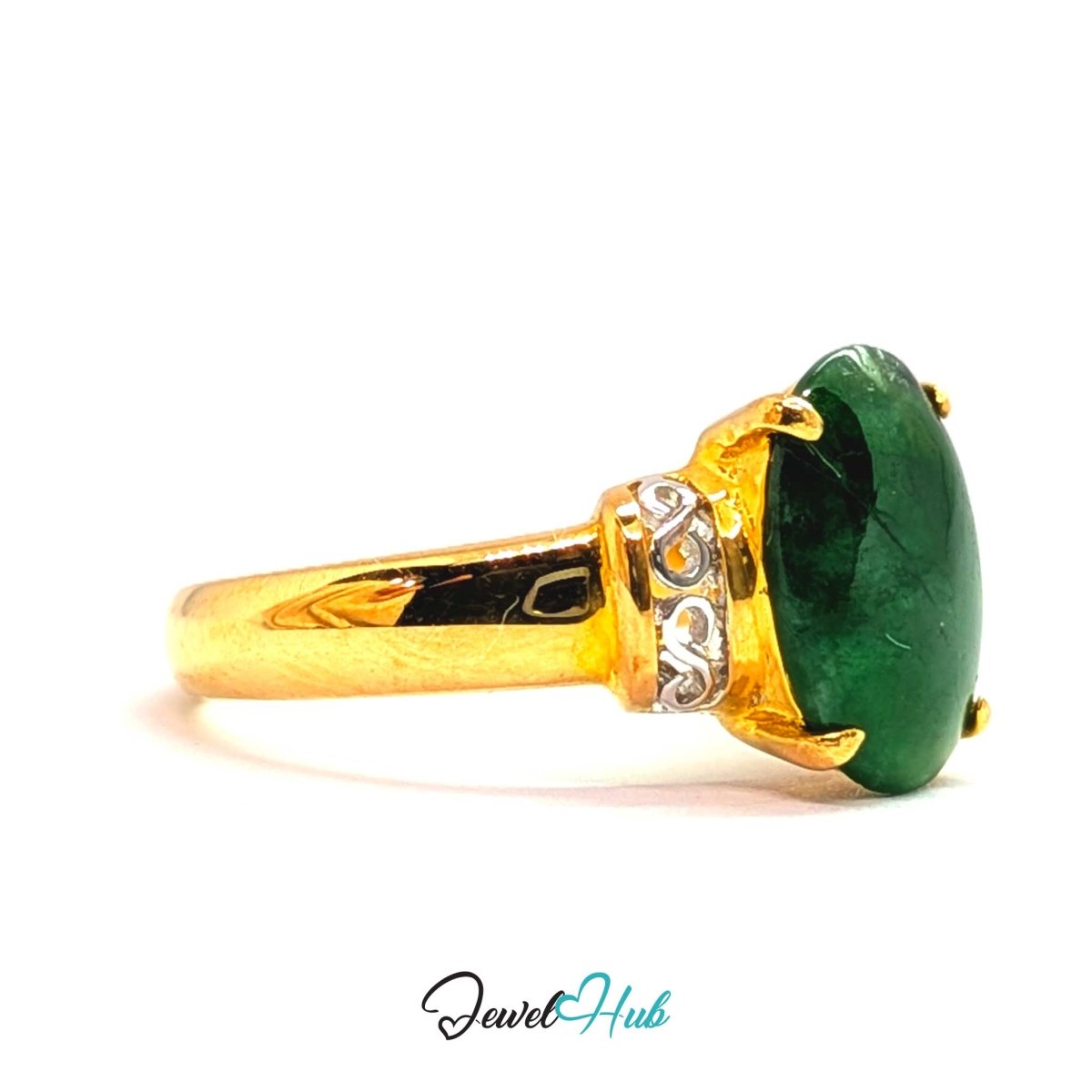 18K Yellow Gold Green Jade Ring | Natural Jade Solitaire Cabochon - JewelHub.co.uk