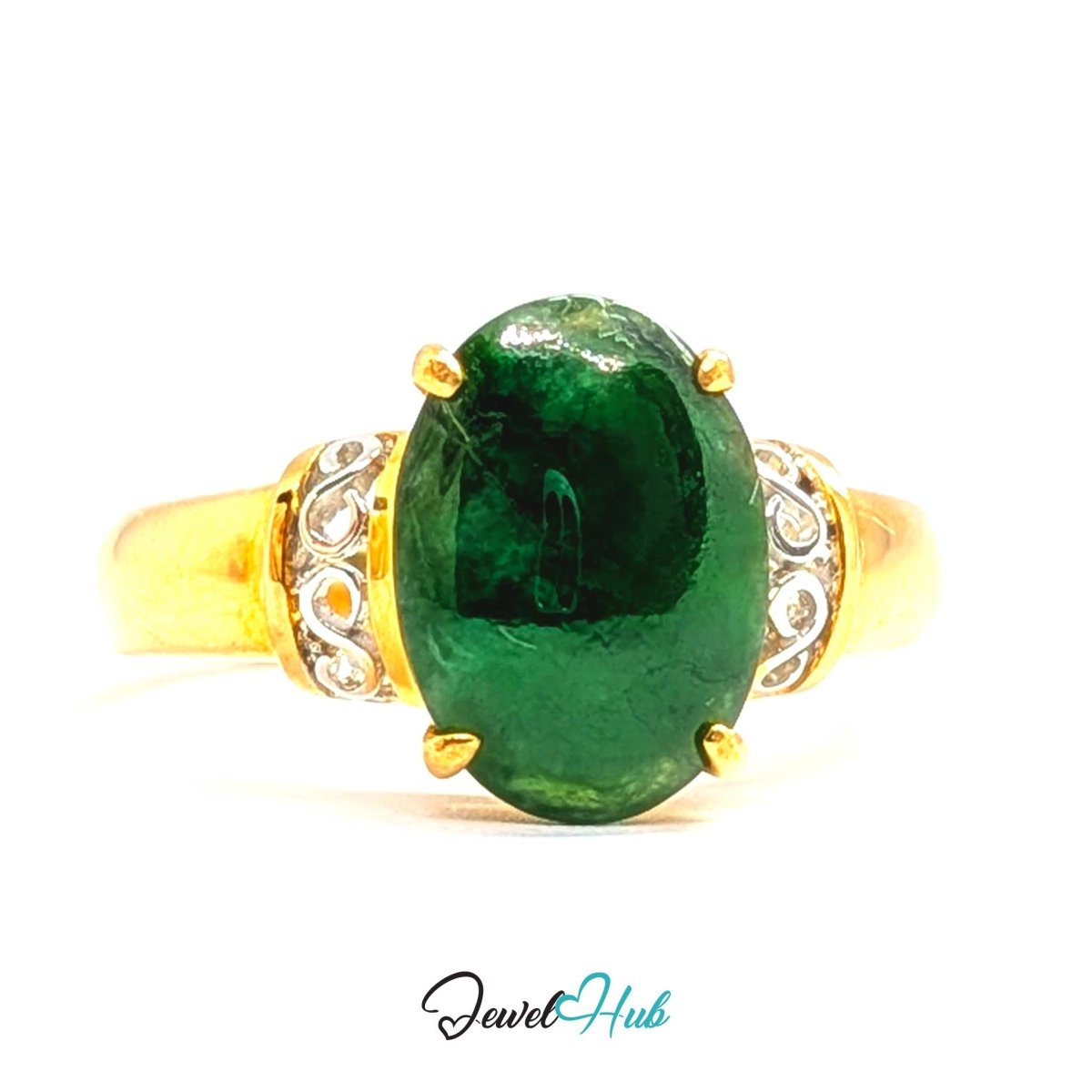 18K Yellow Gold Green Jade Ring | Natural Jade Solitaire Cabochon - JewelHub.co.uk