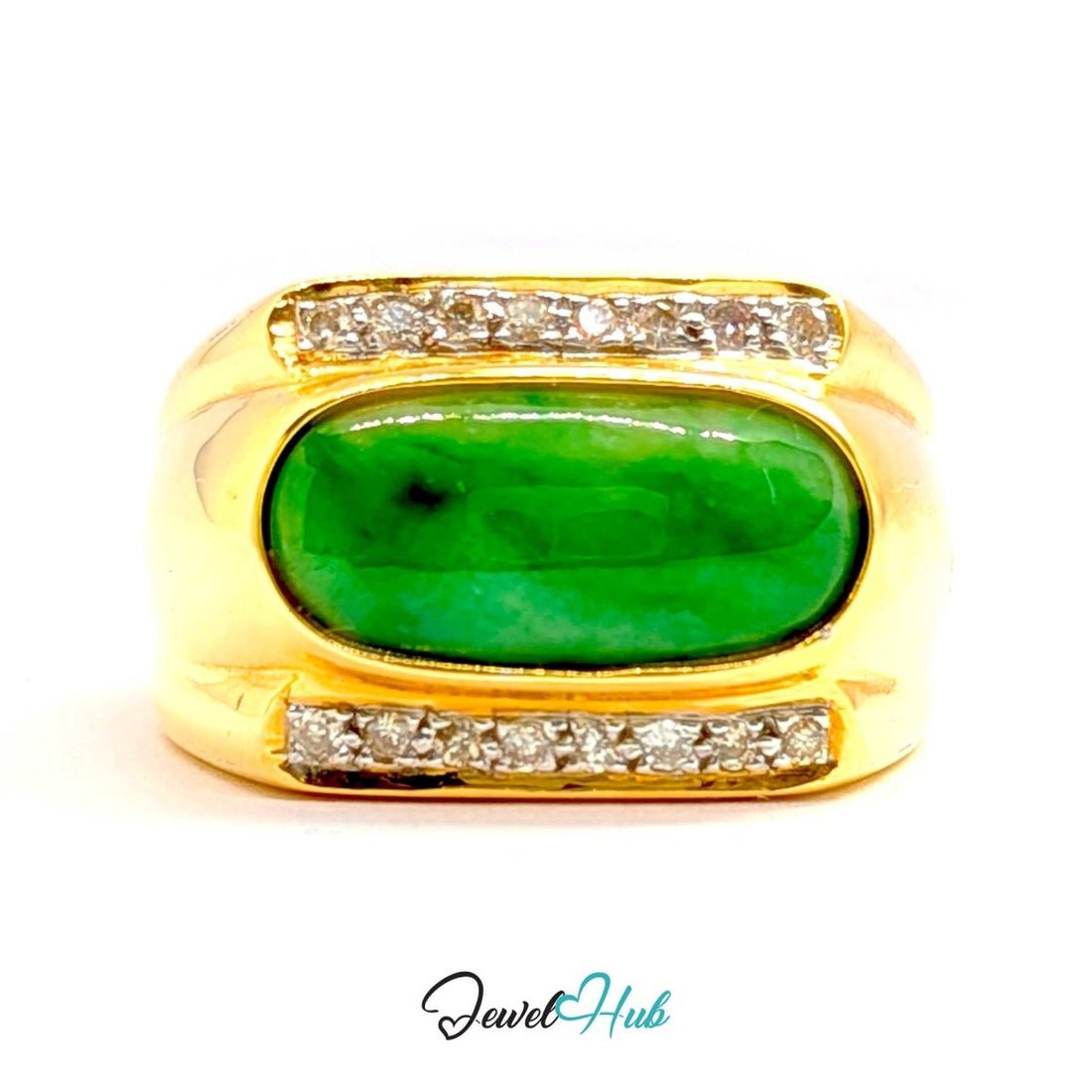 18K Yellow Gold Jade & Natural Diamond Ring | 0.48ct Est - JewelHub.co.uk