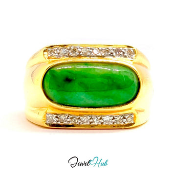 18K Yellow Gold Jade & Natural Diamond Ring | 0.48ct Est - JewelHub.co.uk