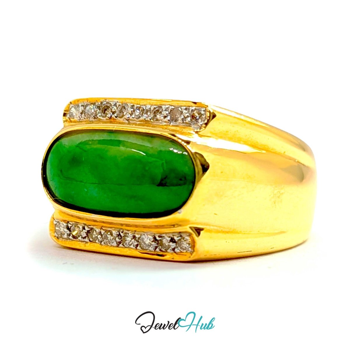 18K Yellow Gold Jade & Natural Diamond Ring | 0.48ct Est - JewelHub.co.uk