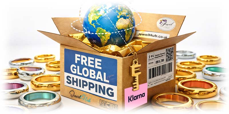 Jewelry box with free global shipping label, surrounded by gold rings on a white background