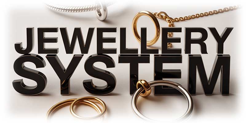Jewellery System text with gold and silver jewelry on a white background