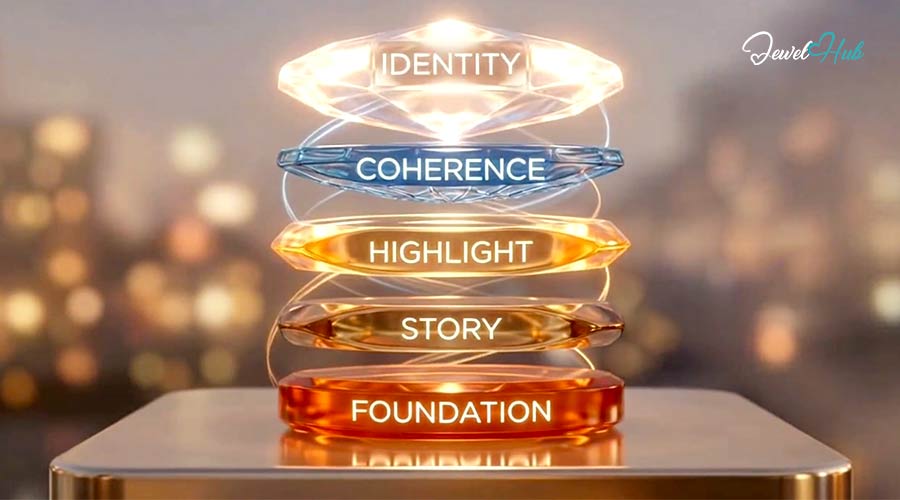 Stack of transparent discs with text 'Identity', 'Coherence', 'Highlight', 'Story', 'Foundation' on a blurred cityscape background.