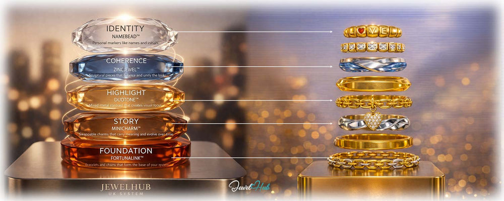 Stacked jewelry pieces with labels on a blurred background