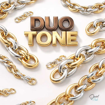 Gold and silver chain links with 'Duotone' text on a light background