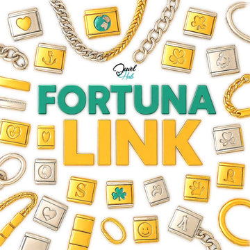 Gold and silver jewelry links with 'Fortuna Link' branding on a white background