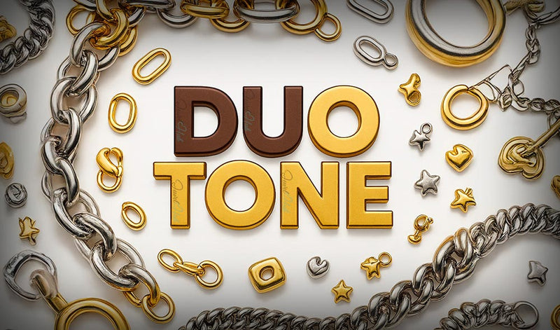 Jewelry with 'Duo Tone' text in the center on a white background