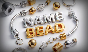 Gold and silver name beads with 'NAME BEAD' text on a light gray background