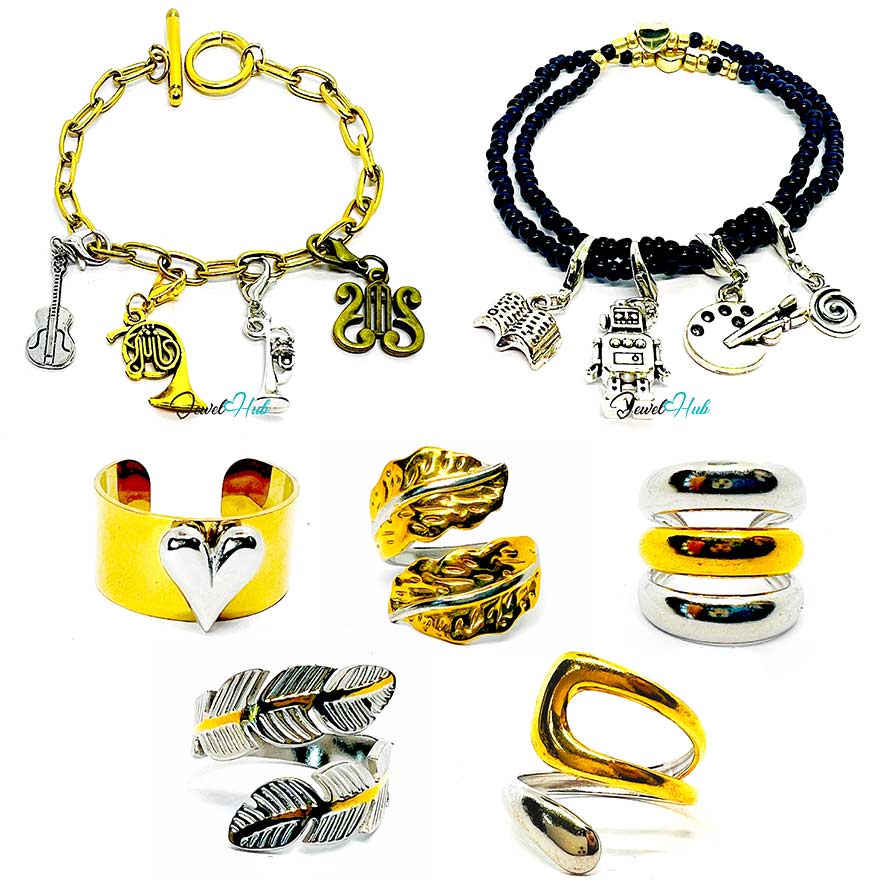 A combination of mini charm bracelet and two tone rings