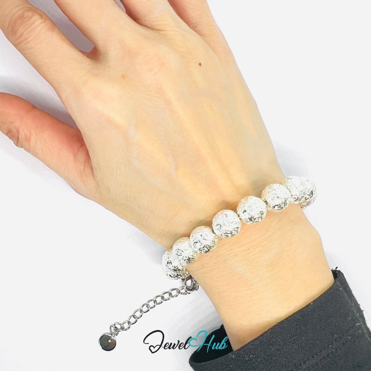 316L Stainless Steel Lava Stone Bracelet – Silvery Sculptural Chain - JewelHub.co.uk