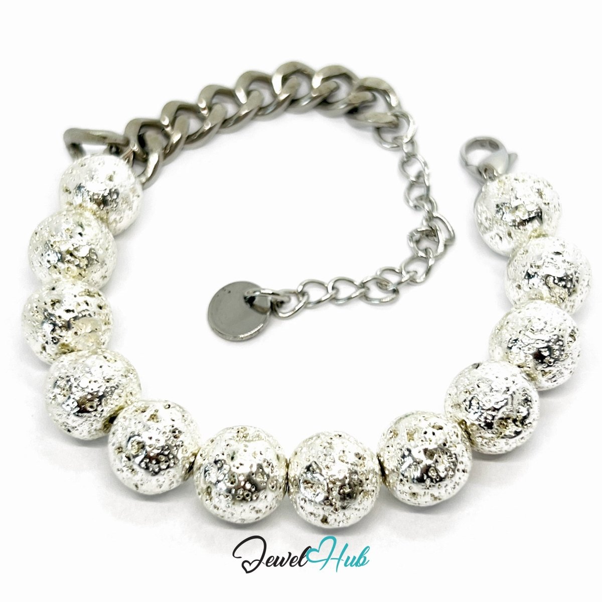 316L Stainless Steel Lava Stone Bracelet – Silvery Sculptural Chain - JewelHub.co.uk