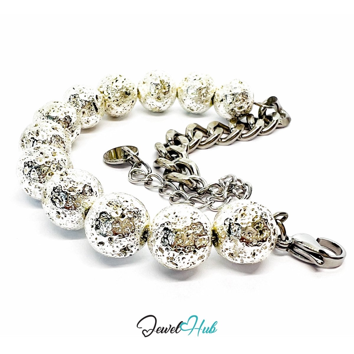 316L Stainless Steel Lava Stone Bracelet – Silvery Sculptural Chain - JewelHub.co.uk