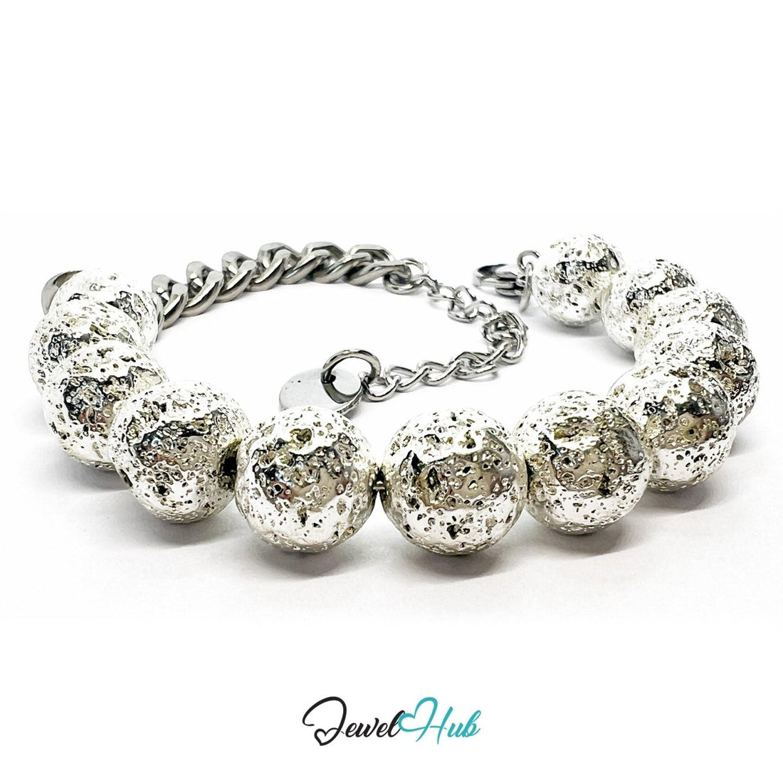 316L Stainless Steel Lava Stone Bracelet – Silvery Sculptural Chain - JewelHub.co.uk