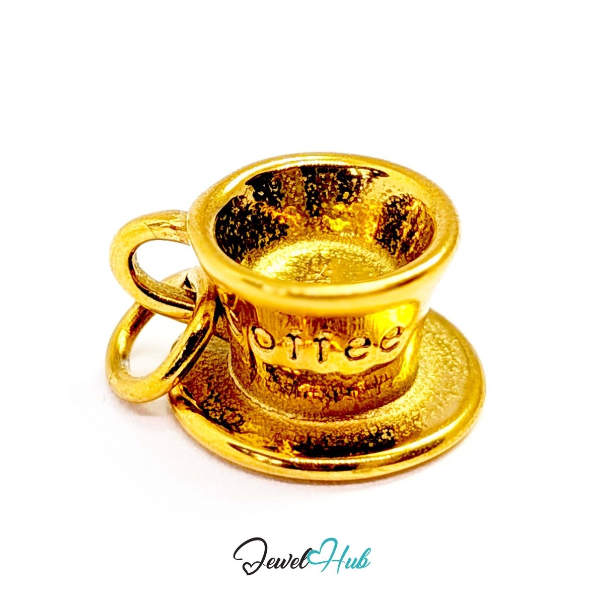 Three-dimensional coffee cup and saucer charm in gold stainless steel - three-quarter view - JewelHub