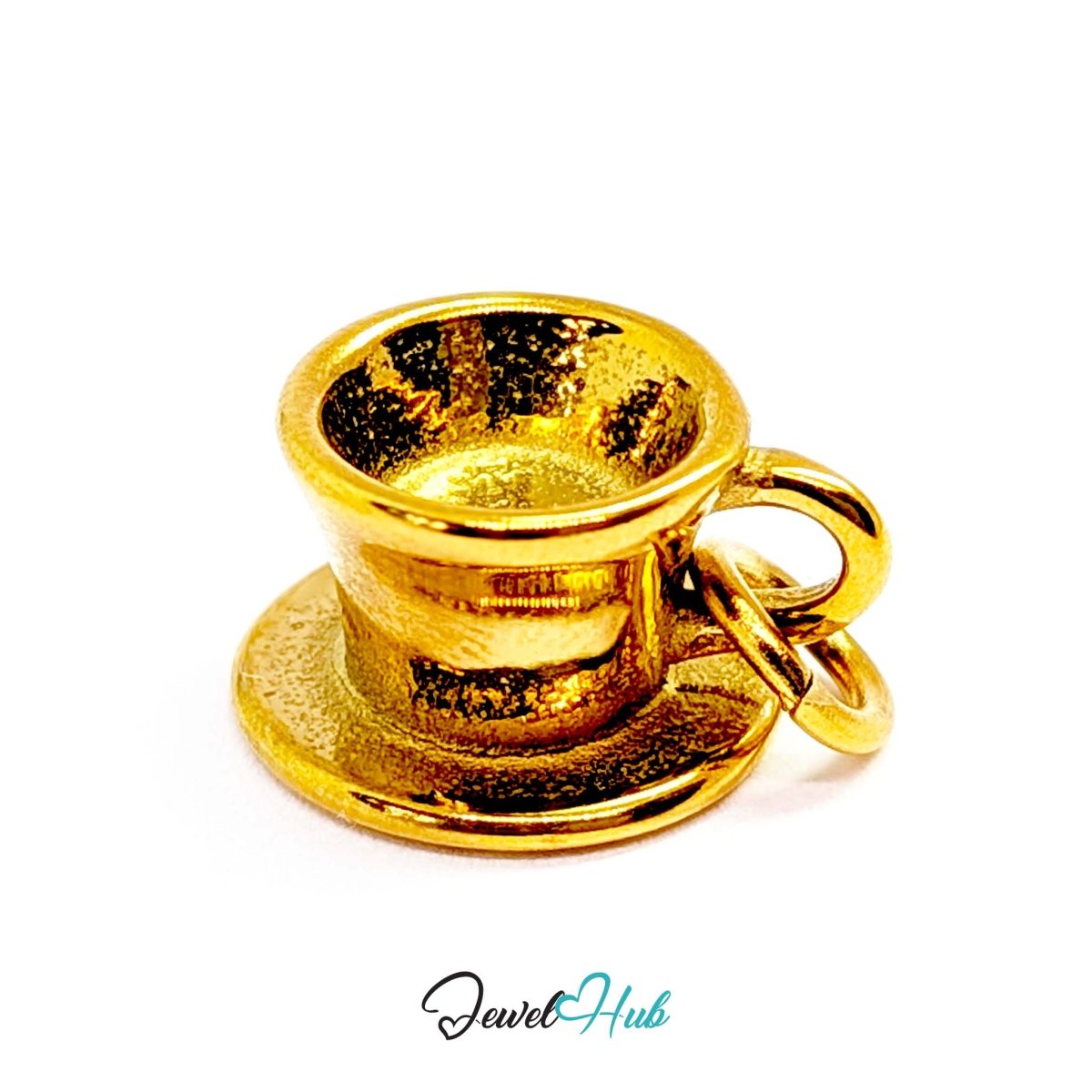 Three-dimensional coffee cup and saucer charm in gold stainless steel - angled view - JewelHub