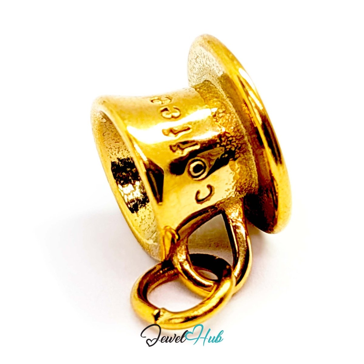 Three-dimensional coffee cup and saucer charm in gold stainless steel - turned to show depth - JewelHub
