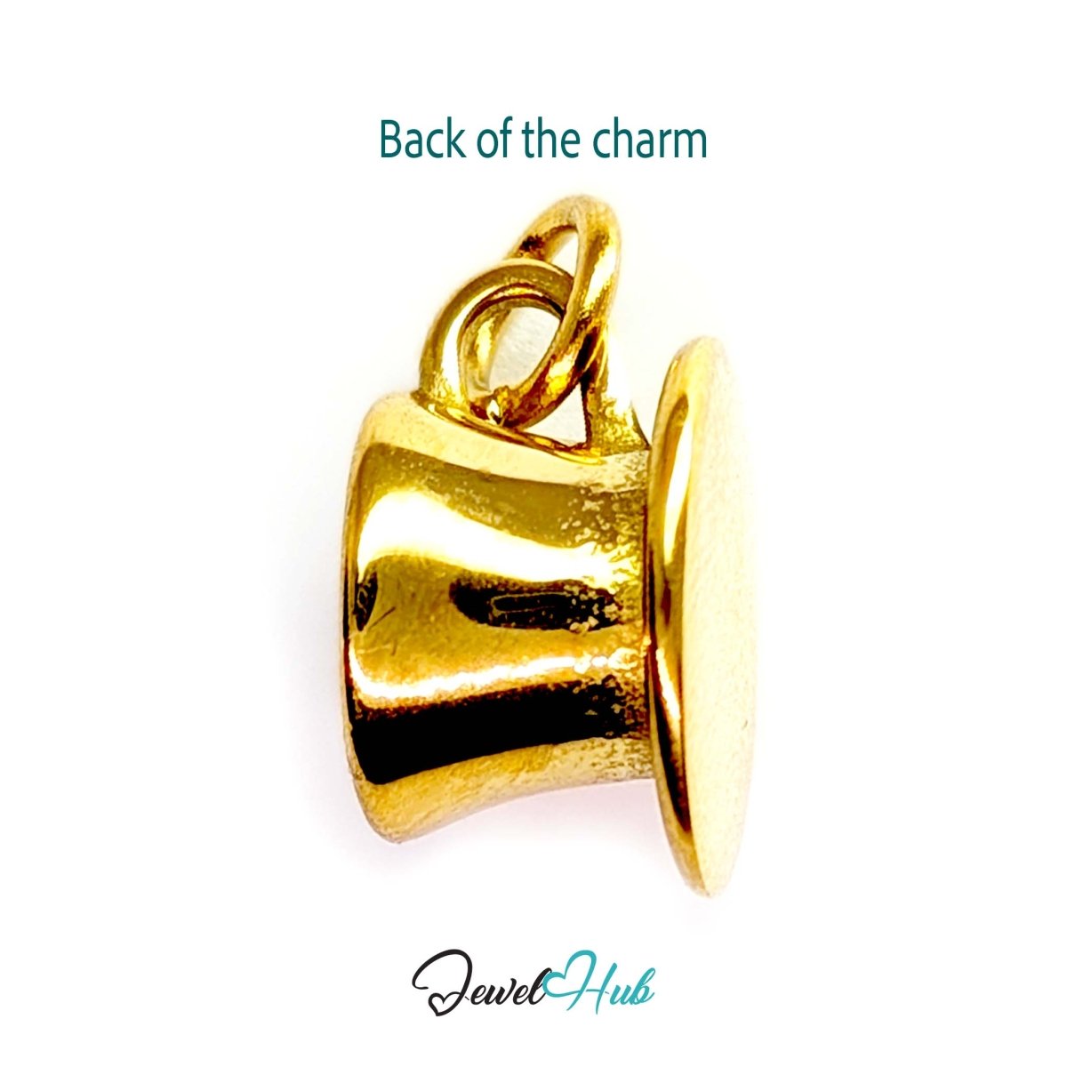 Three-dimensional coffee cup and saucer charm in gold stainless steel - reverse - JewelHub