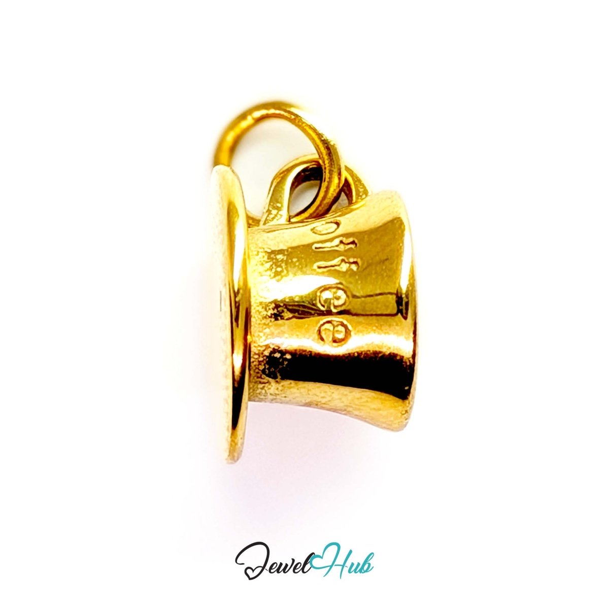 Three-dimensional coffee cup and saucer charm in gold stainless steel - front view - JewelHub