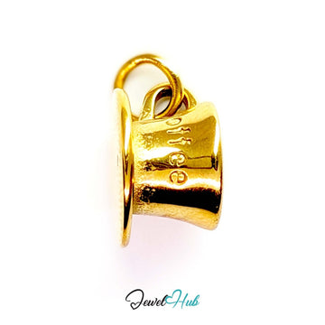 Three-dimensional coffee cup and saucer charm in gold stainless steel - front view - JewelHub
